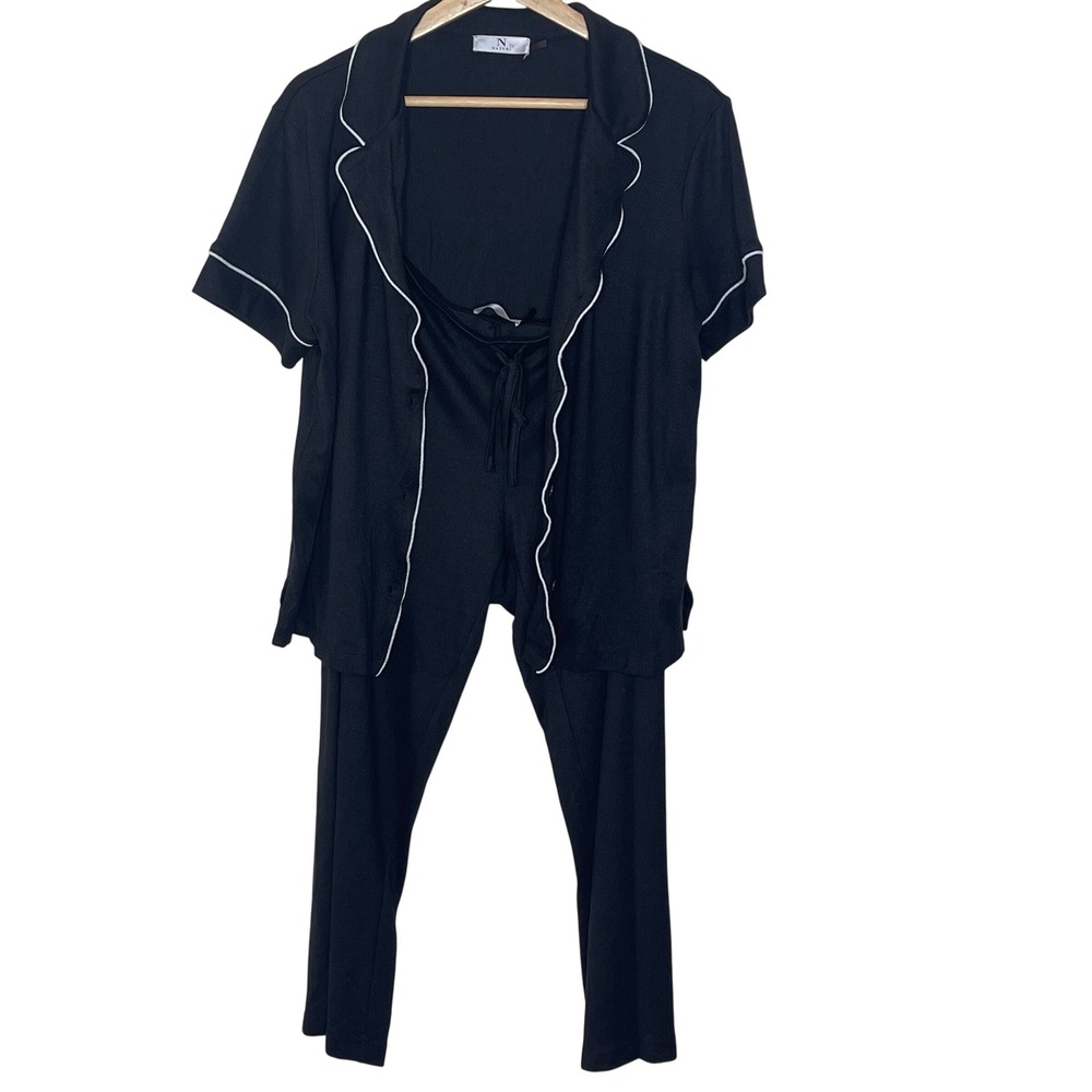 Natori Black White Piping Short Sleeve Pajama Set Top Pants M Loungewear